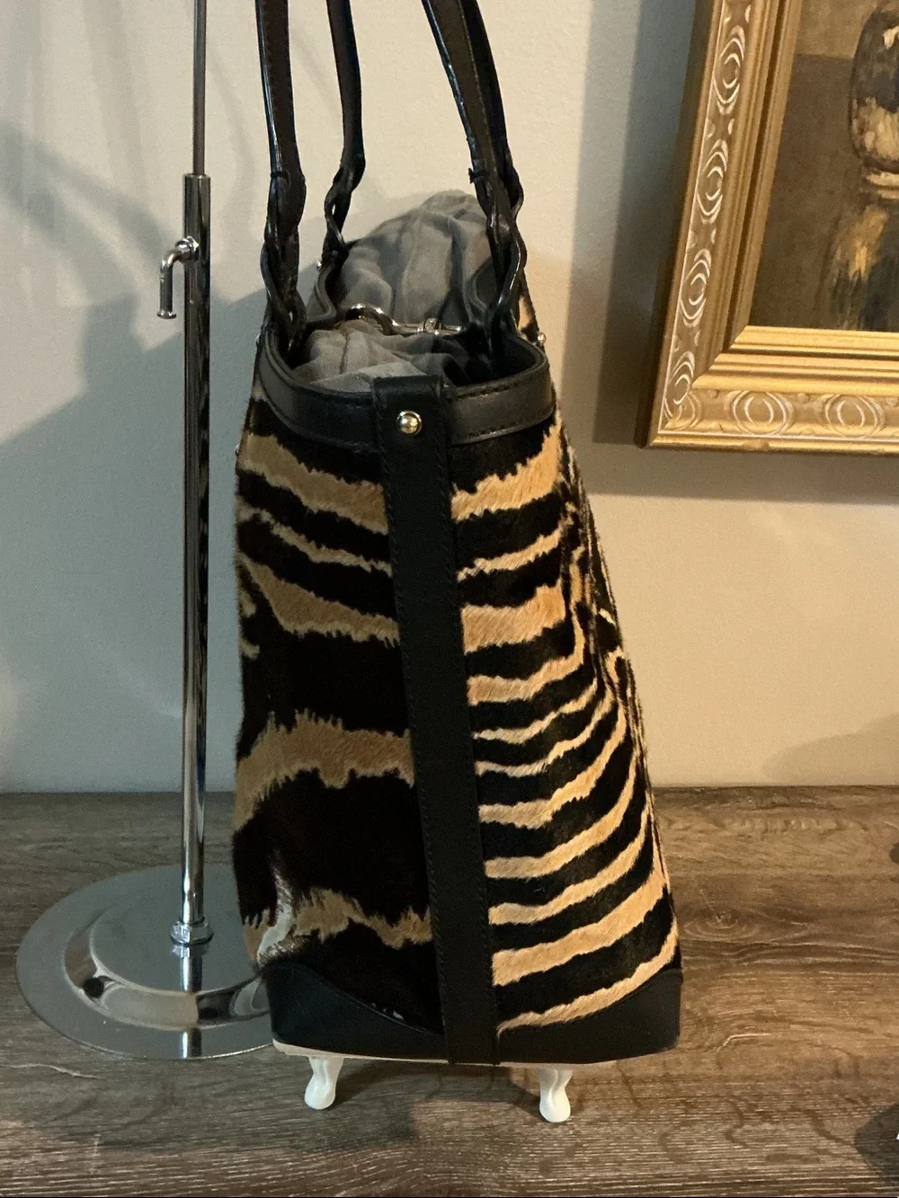 Gucci Tiger Stripe Pony Hair & Leather Craft Tote Bag Plus Pouch COA